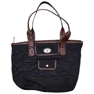VTG Fossil Key Per Quilted Tote Bag Black Fabric Brown Leather Trim Women's